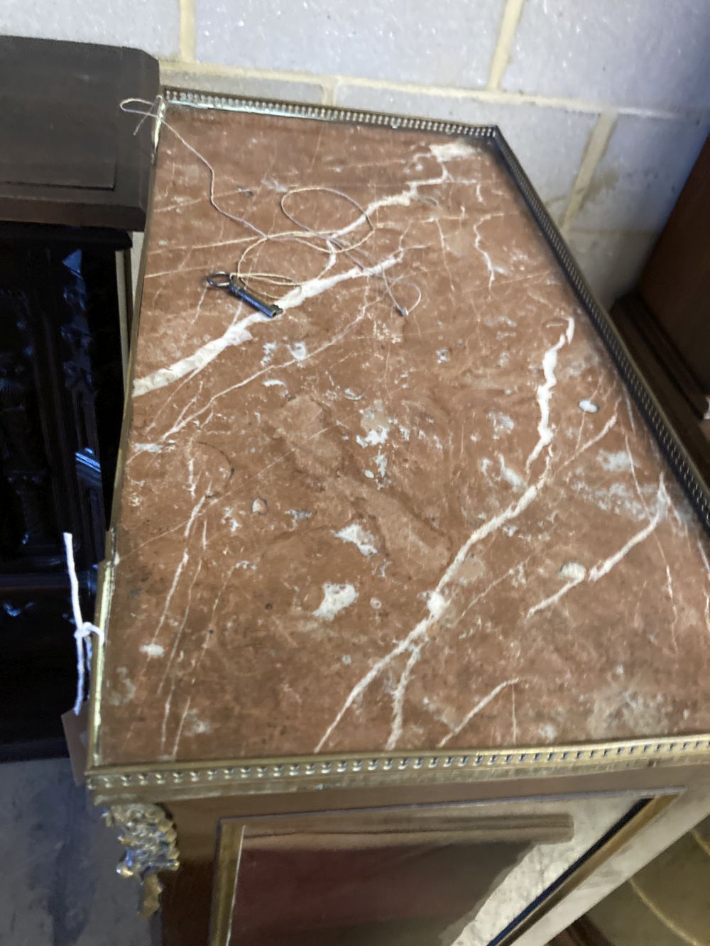 A Vernis Martins style marble top gilt metal mounted vitrine, width 62cm, depth 33cm, height 152cm